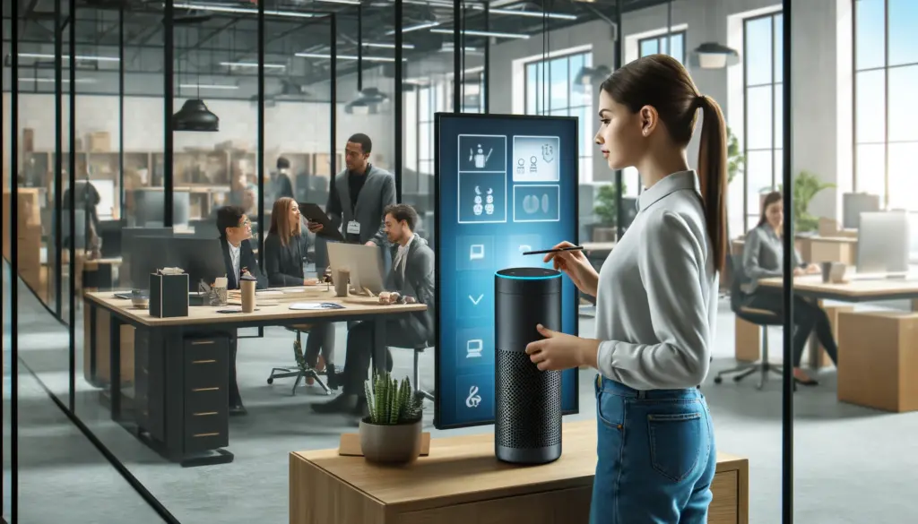 employees using Amazon Echo devices. A young woman in the foreground checks her meeting schedule on a digital display, while a group in the background collaborates using another Echo device. 