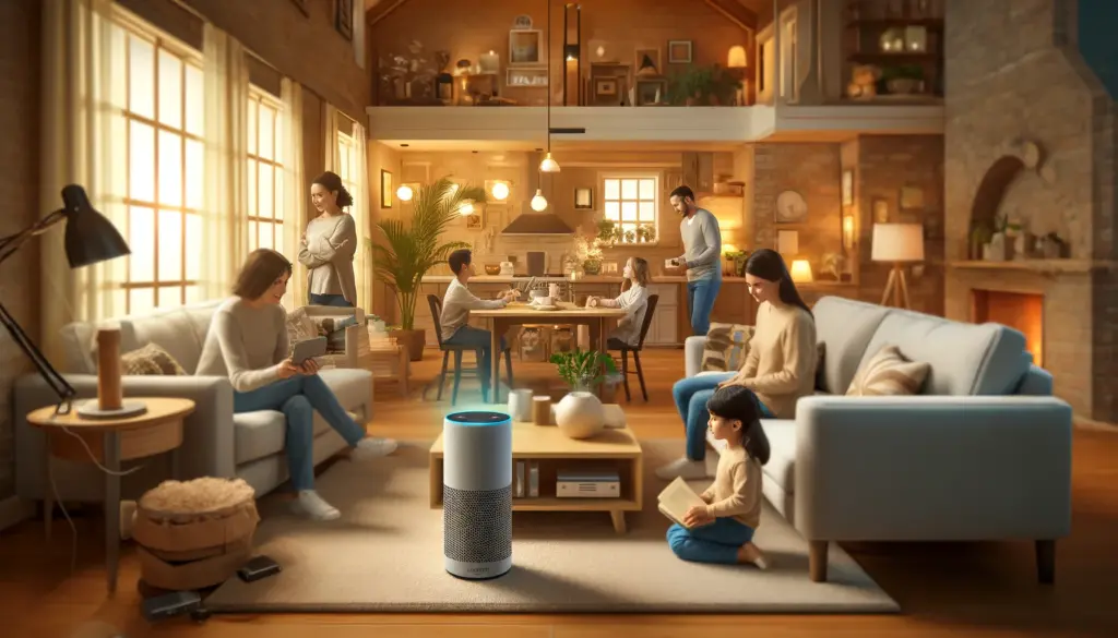 family uses Amazon Echo devices. A child interacts with Alexa for homework, while parents control home automation. The room is decorated with modern furnishings and warm lighting.