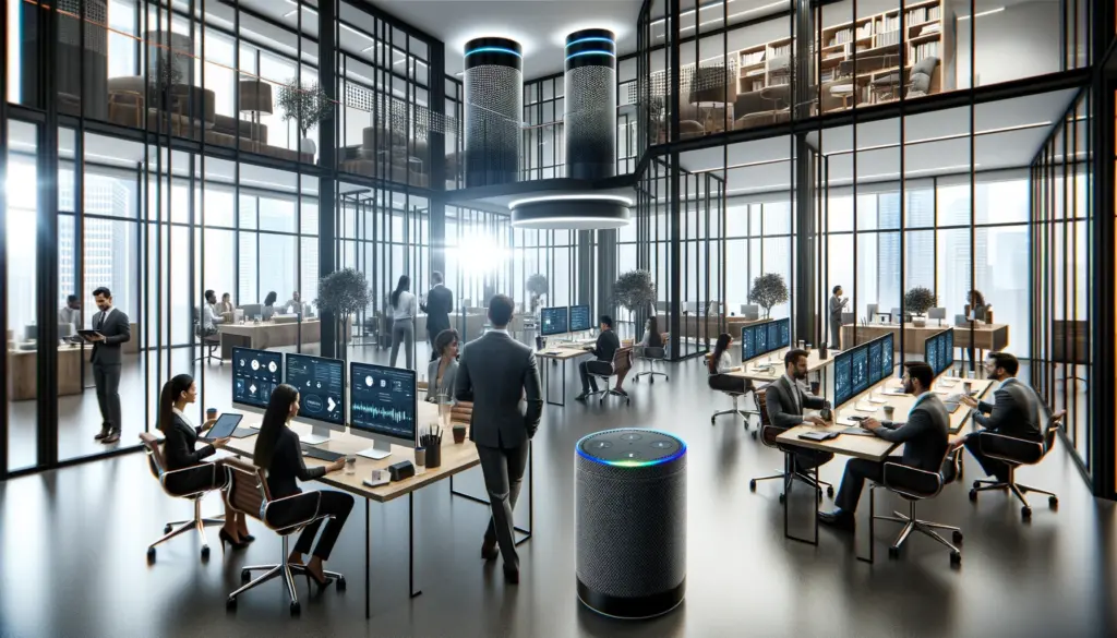 office featuring a modern Amazon Echo setup. Professionals of diverse backgrounds collaborate using Echo devices, with a sleek design, glass walls, and minimalist decor, showcasing innovation in a corporate setting.