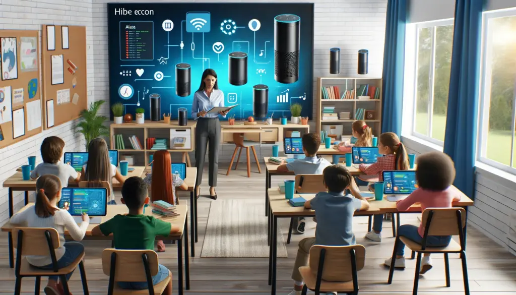 teacher and diverse students use Amazon Echo devices | Alexa Marketing Strategies to Skyrocket Your Brand's Reach 1