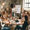 Female brand ambassador of African descent leading a creative workshop with diverse participants, surrounded by marketing materials and laptops