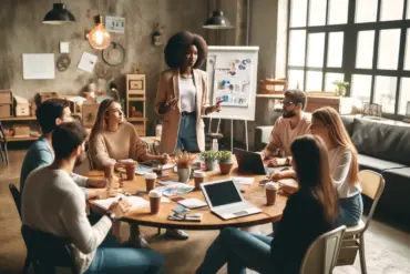 Female brand ambassador of African descent leading a creative workshop with diverse participants, surrounded by marketing materials and laptops