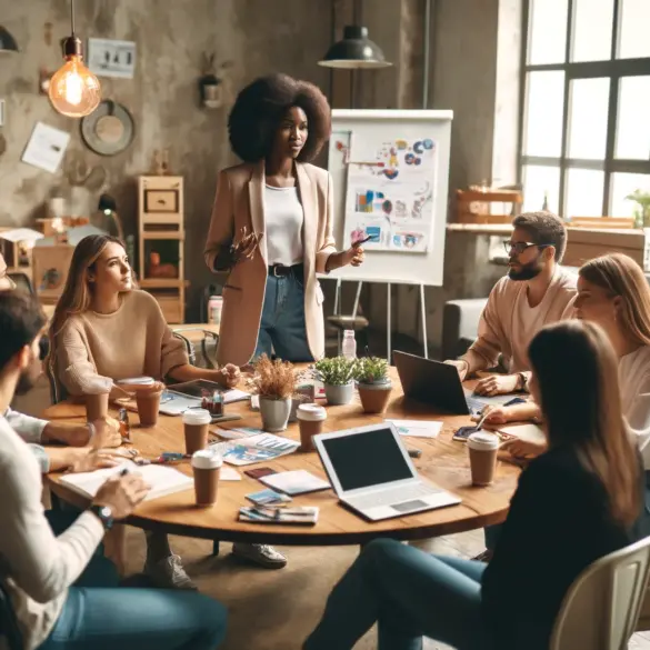 Female brand ambassador of African descent leading a creative workshop with diverse participants, surrounded by marketing materials and laptops