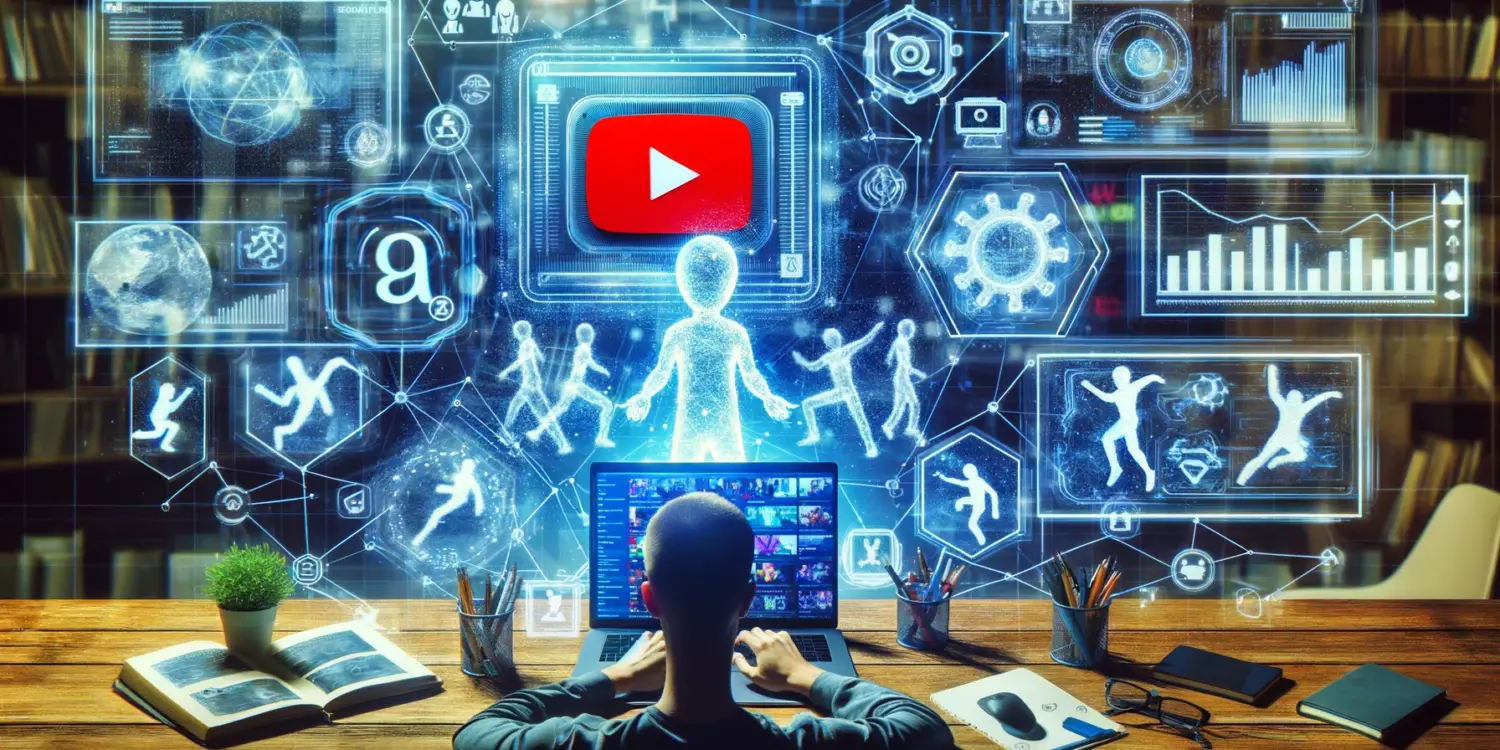 Person using a laptop with YouTube on the screen, surrounded by holographic AI-driven trend predictions and icons representing popular YouTube trends like dance challenges and gaming streams.