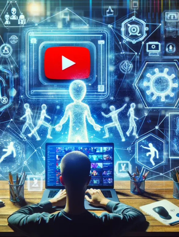 Person using a laptop with YouTube on the screen, surrounded by holographic AI-driven trend predictions and icons representing popular YouTube trends like dance challenges and gaming streams.