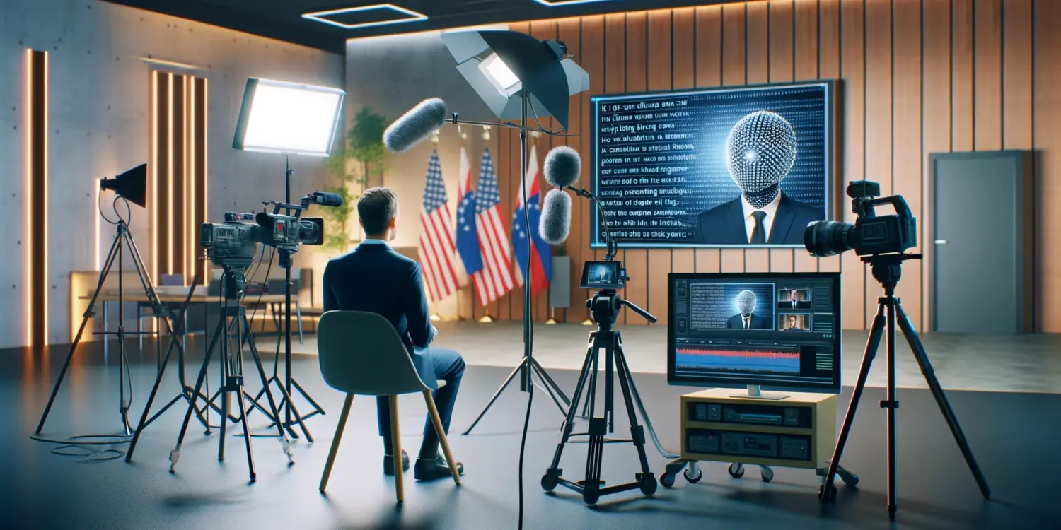 A politician recording a video in a studio with AI tools assisting in script writing and editing. The scene includes a camera setup, lighting equipment, and a computer screen displaying AI software generating the script. The modern studio environment showcases the integration of AI in enhancing political video production.