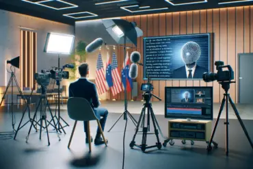 A politician recording a video in a studio with AI tools assisting in script writing and editing. The scene includes a camera setup, lighting equipment, and a computer screen displaying AI software generating the script. The modern studio environment showcases the integration of AI in enhancing political video production.