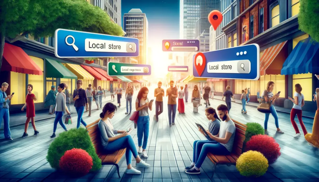 Diverse people on a city street using mobile devices to view local search results for stores, highlighting the effectiveness of local SEO.