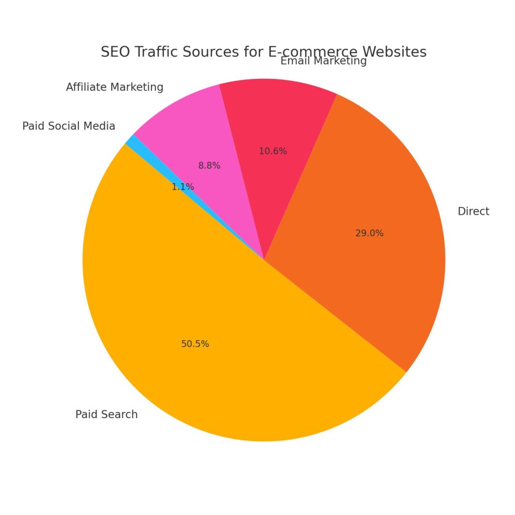 pie chart showing the distribution of SEO traffic sources for e-commerce websites. This visualization highlights the contributions of different channels such as paid search, direct traffic, email marketing, affiliate marketing, and paid social media to the overall traffic of e-commerce sites.